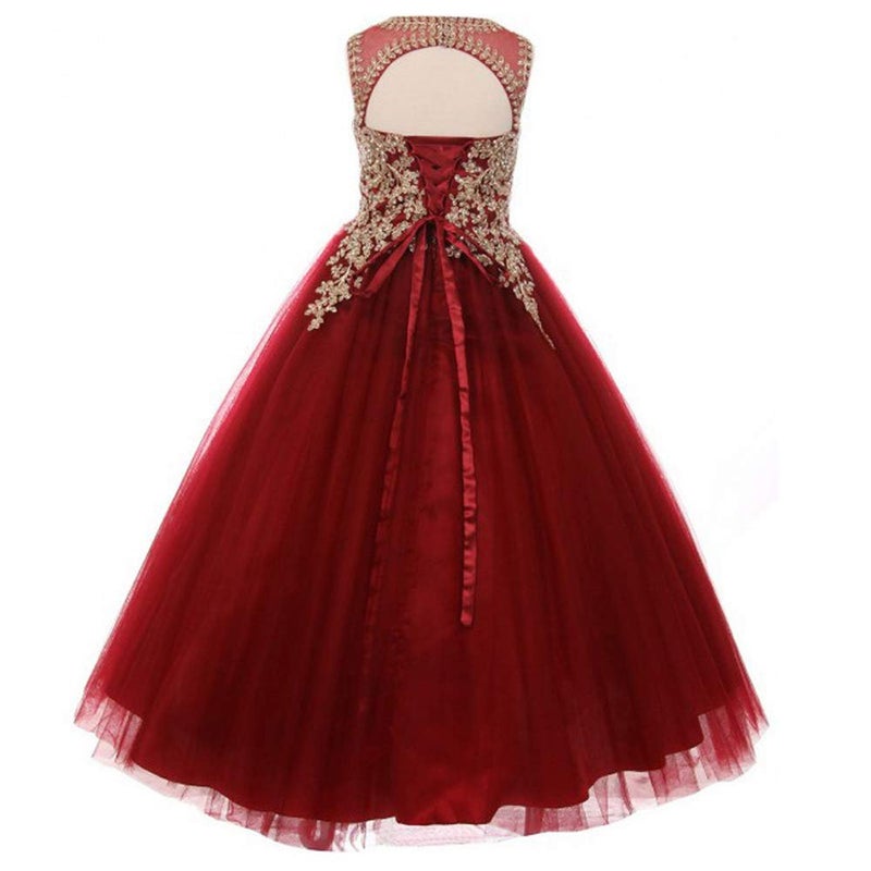 WDE Formal Little Girls Long Pageant Dresses Prom Ball Gown Gold Lace Burgundy Tulle Size 12 - Image 3